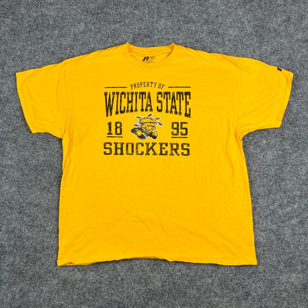 Russell T-Shirt Mens 2XL Yellow Wichita State Shockers Graphic Short Sleeve